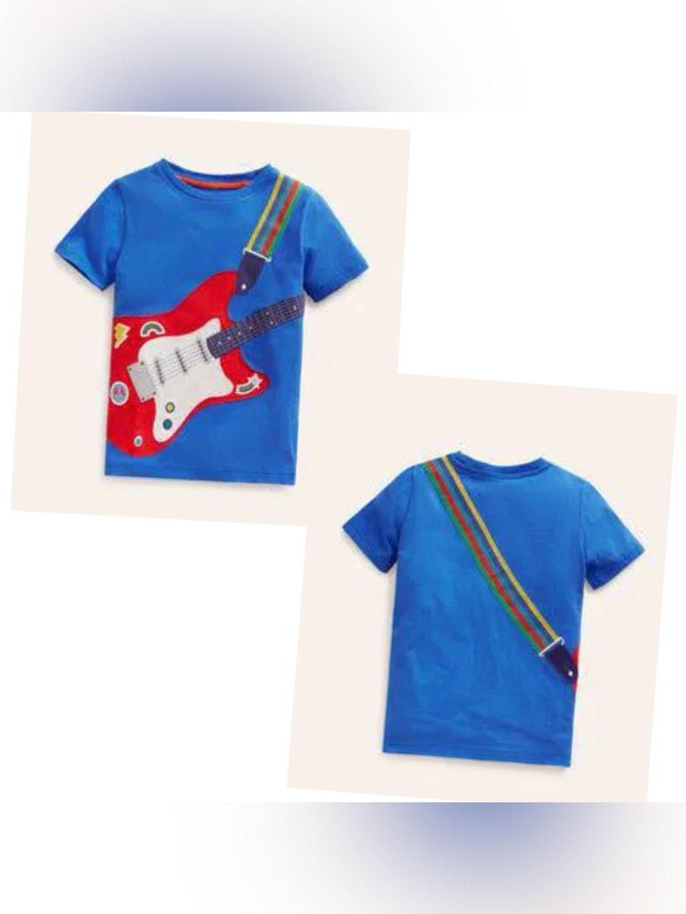 Mini Boden Blue Tee with Red Guitar and Rainbow Strap size 4-5